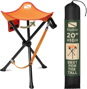 Foldable Tripod Stool - Ultra Portable Seat for Tall People, 20” High - Hunting Chair & Hidden Zippered Pocket - 2 lb Camping Stool, 3 Legged Strong Steel Stool Holds up to 200 lb (Orange)