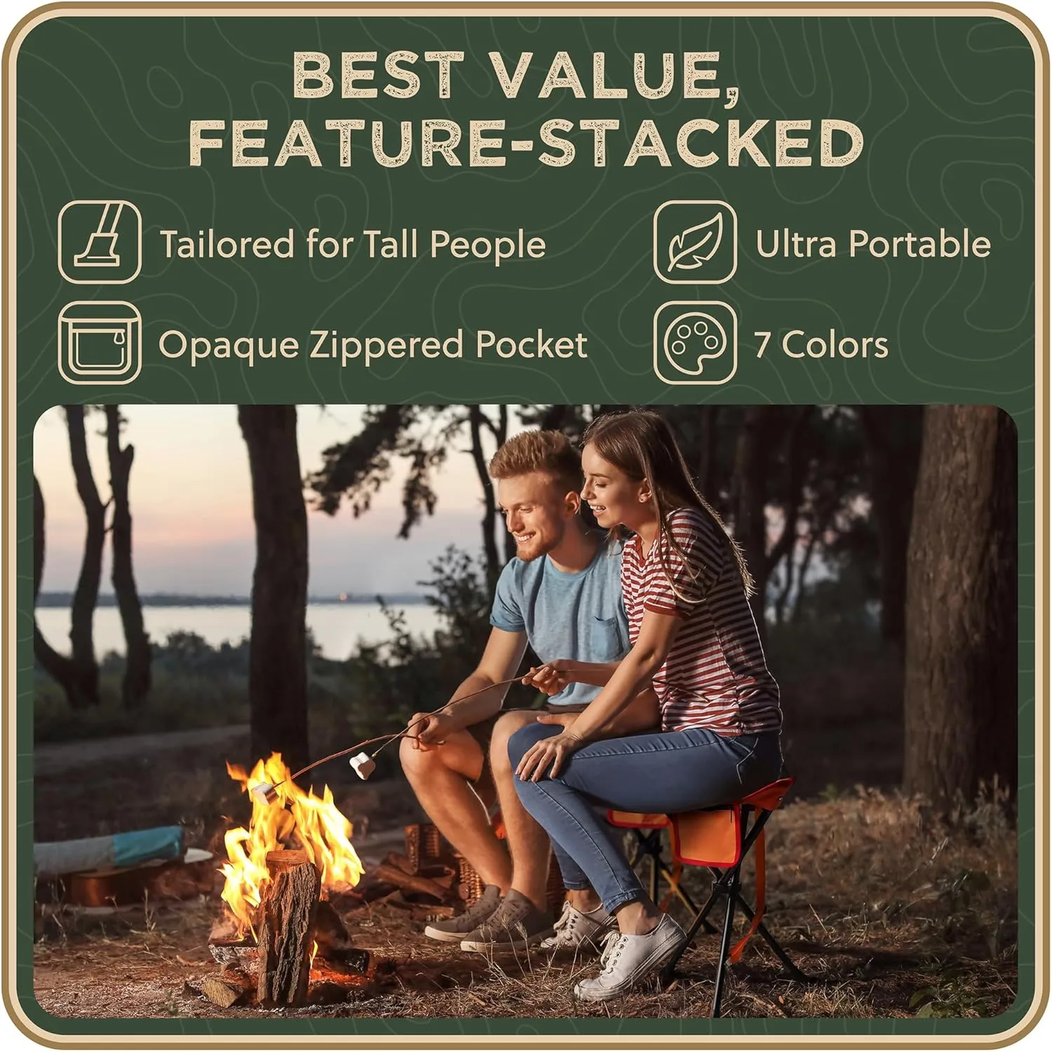 Foldable Tripod Stool - Ultra Portable Seat for Tall People, 20” High - Hunting Chair & Hidden Zippered Pocket - 2 lb Camping Stool, 3 Legged Strong Steel Stool Holds up to 200 lb (Orange)