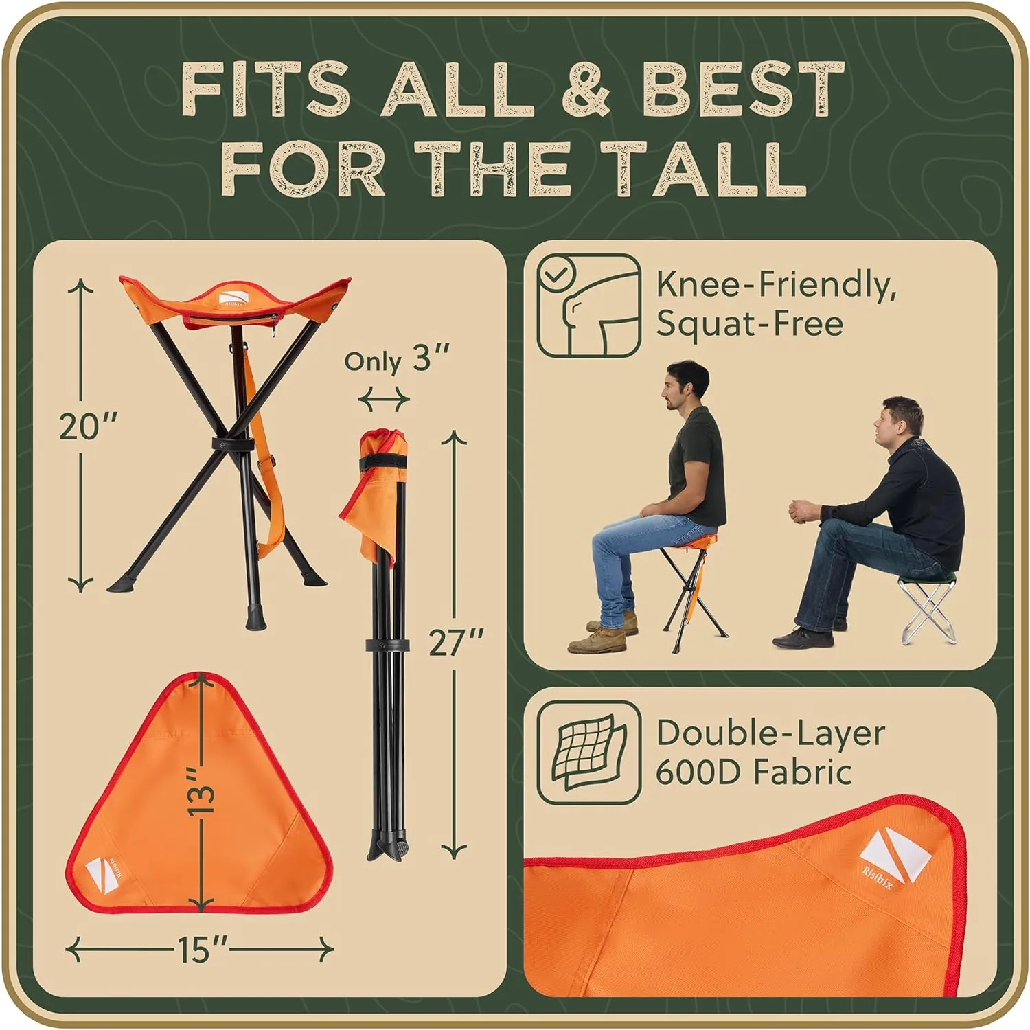 Foldable Tripod Stool - Ultra Portable Seat for Tall People, 20” High - Hunting Chair & Hidden Zippered Pocket - 2 lb Camping Stool, 3 Legged Strong Steel Stool Holds up to 200 lb (Orange)