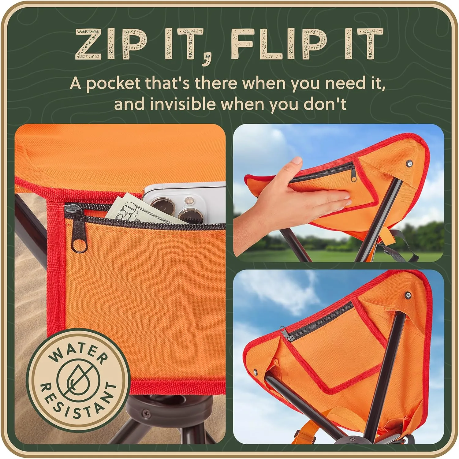 Foldable Tripod Stool - Ultra Portable Seat for Tall People, 20” High - Hunting Chair & Hidden Zippered Pocket - 2 lb Camping Stool, 3 Legged Strong Steel Stool Holds up to 200 lb (Orange)