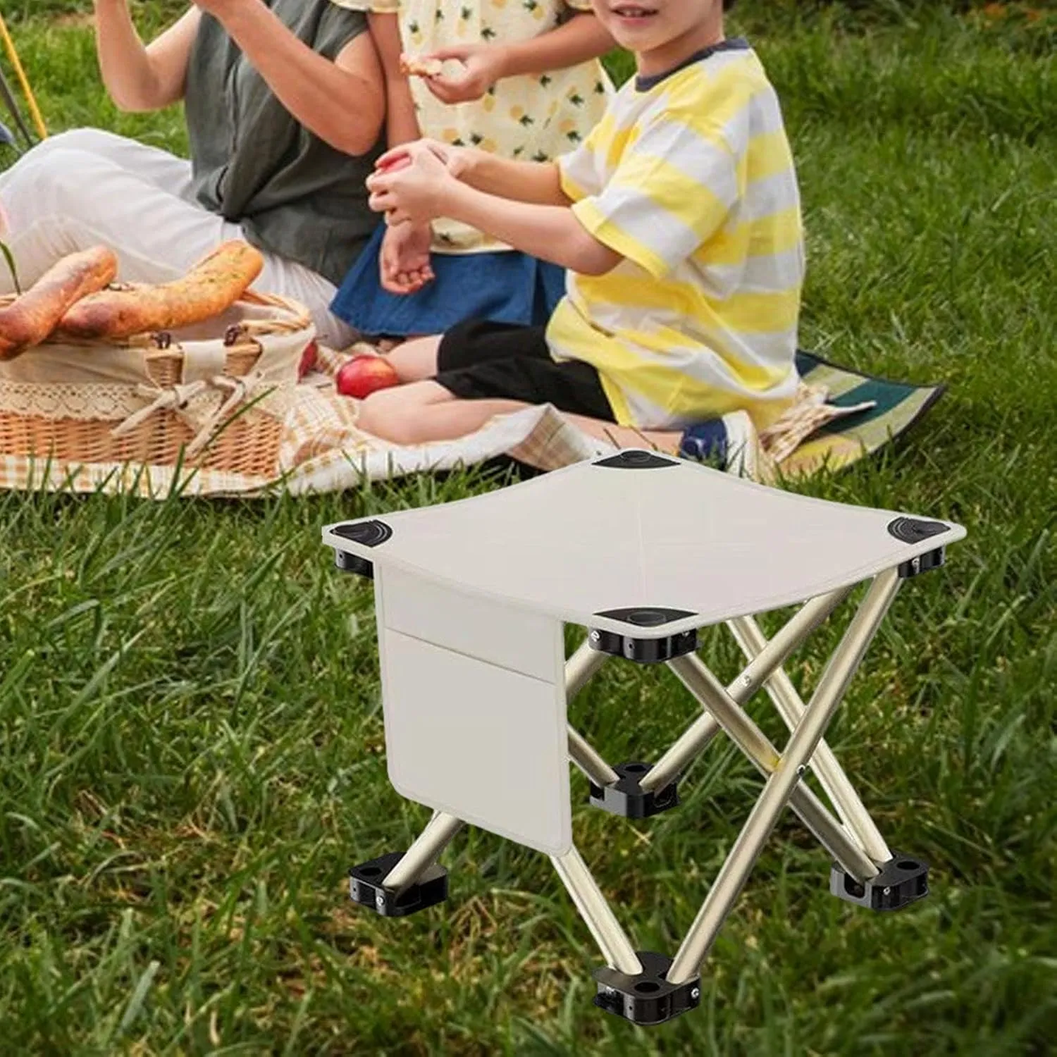 Folding Camping Stool Footstool Multipurpose with Side Pocket Small Foldable Chair for Park Outdoor Camping Travel Picnic, White, 33cmx33cmx32cm