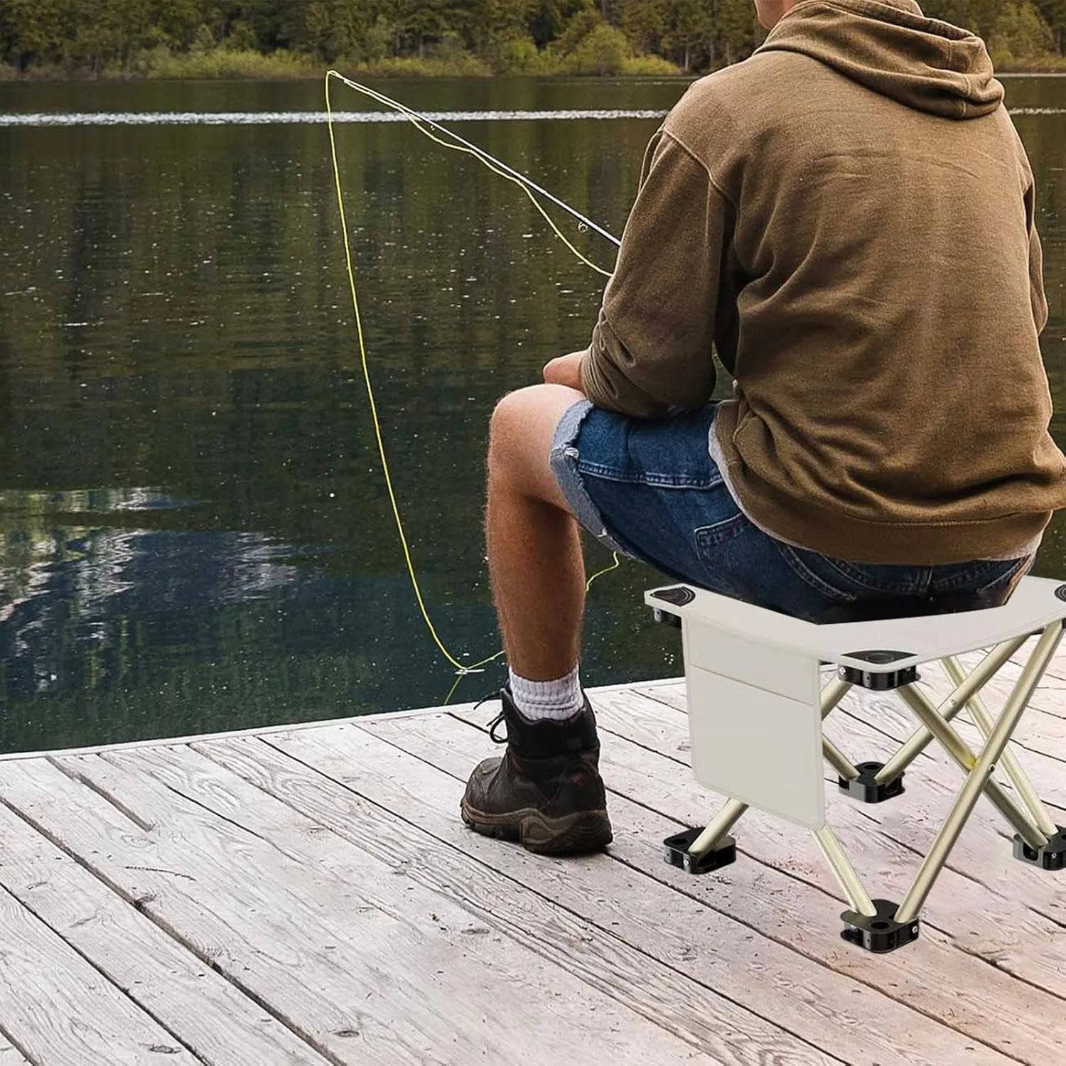 Folding Camping Stool Footstool Multipurpose with Side Pocket Small Foldable Chair for Park Outdoor Camping Travel Picnic, White, 33cmx33cmx32cm