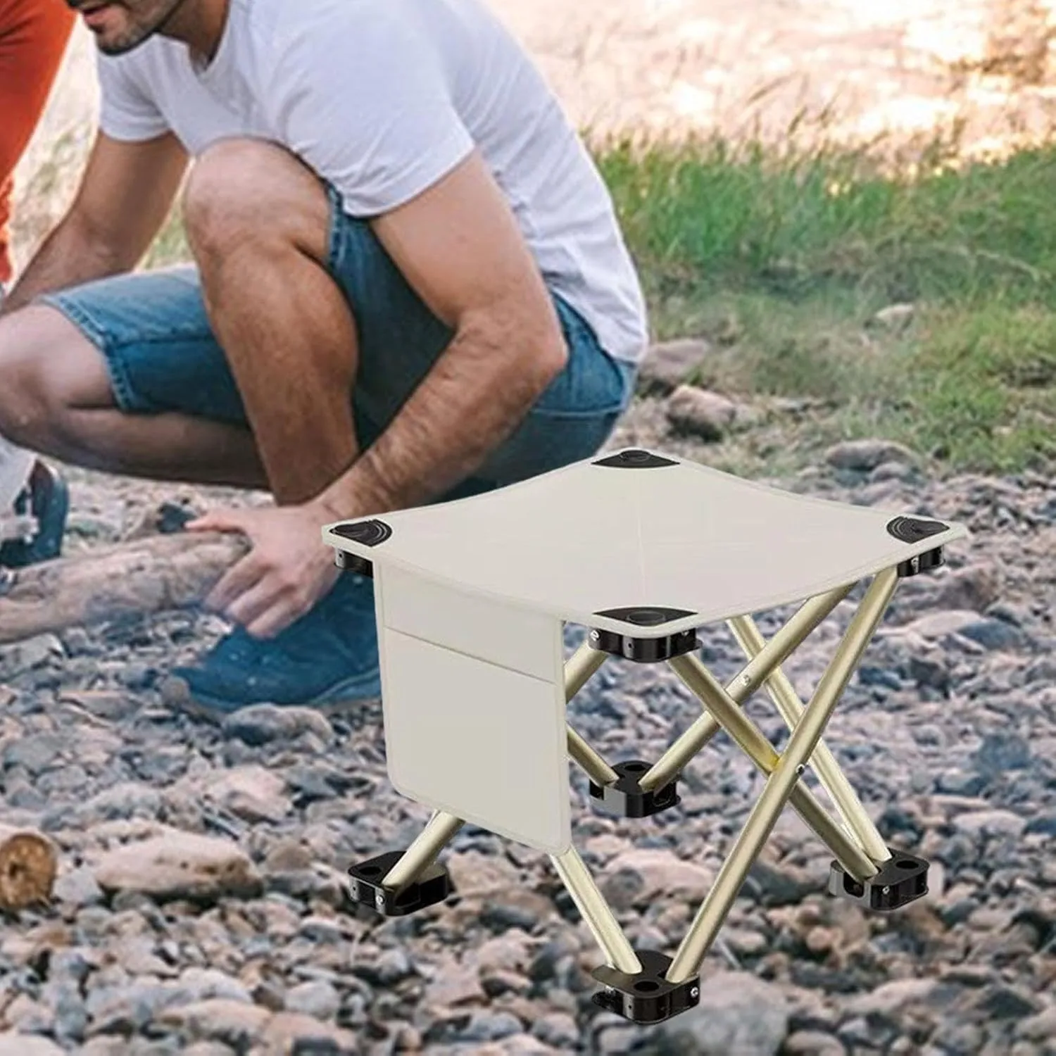 Folding Camping Stool Footstool Multipurpose with Side Pocket Small Foldable Chair for Park Outdoor Camping Travel Picnic, White, 33cmx33cmx32cm