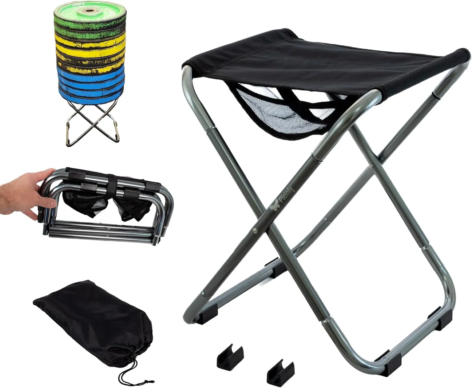 Folding Stool 16.1" Tall Portable Stool for Camping, Travelling, Hiking, Fishing, Painting, 6X Anti-Slip Paws. Carry Bag, Lightweight 1.3LBS, Small Folded Size, Load 300LBS, Carton Box