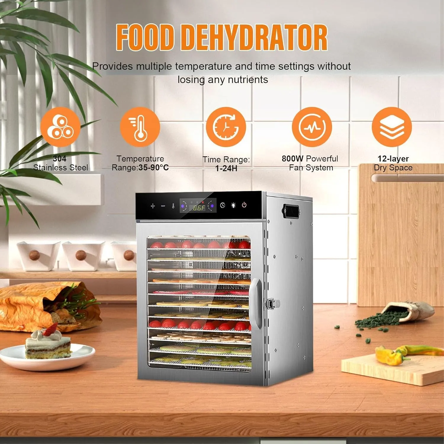 Food Dehydrator With 12 Stainless Steel Trays,800W Double Fans,Overheat Protection And Fast Drying Double-Layer Insulation With Adjustable Timer And Precise Temperature Control For Jerky, Herbs, Fruit