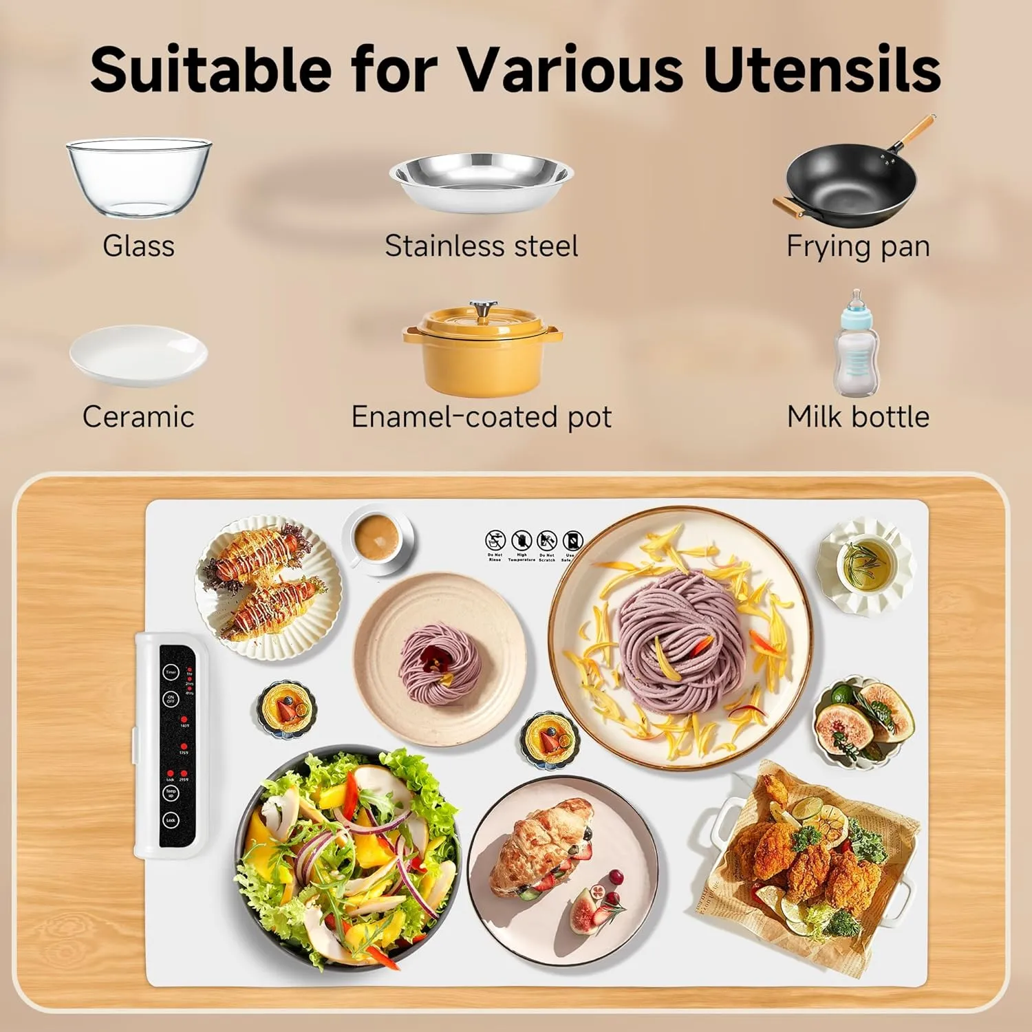 Food Warming Mat- Foldable Warming Mat for Food with Adjustable Temperature Control Time Moders Locking Function Electric Warming Tray for Parties,Home,Travel,Buffet White