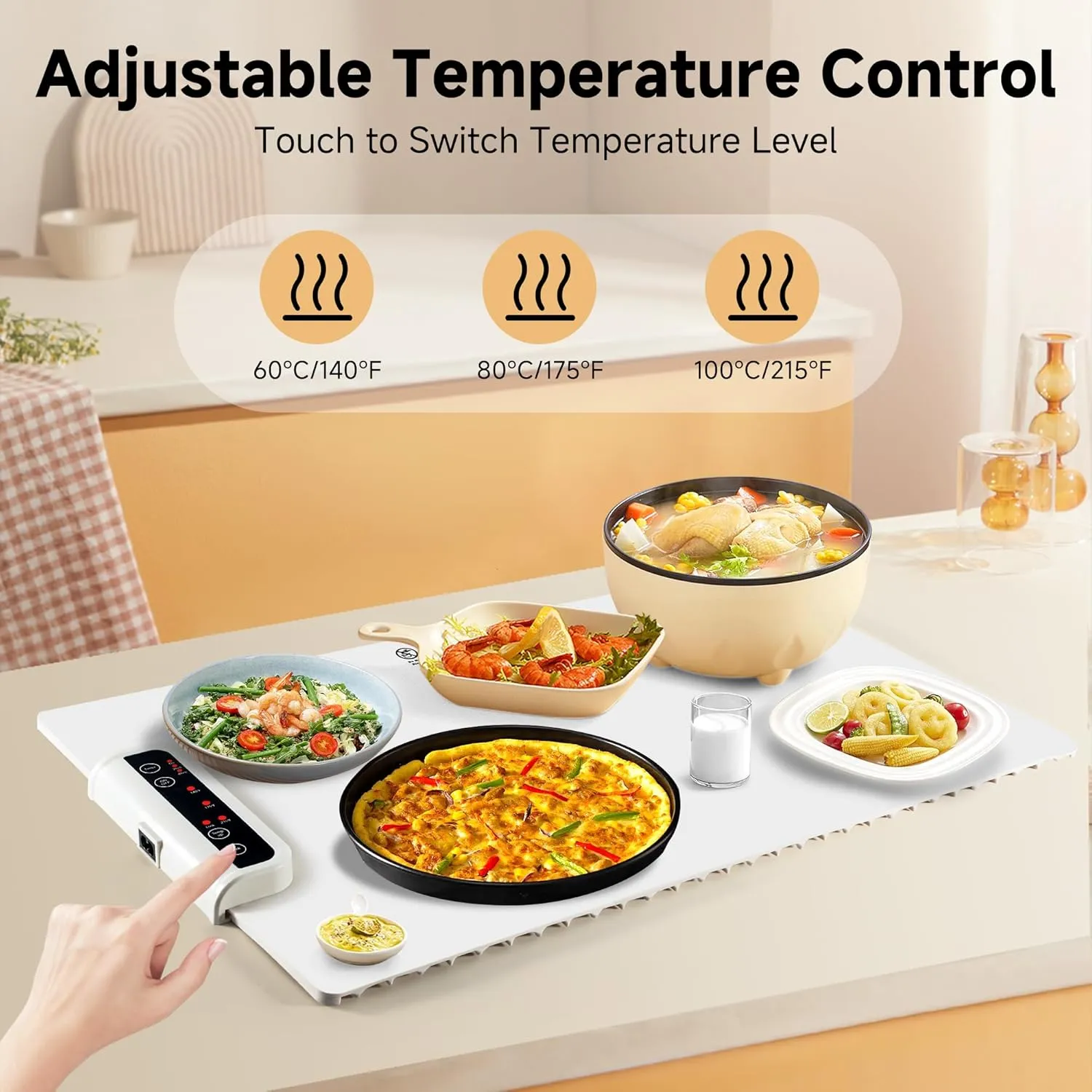 Food Warming Mat- Foldable Warming Mat for Food with Adjustable Temperature Control Time Moders Locking Function Electric Warming Tray for Parties,Home,Travel,Buffet White
