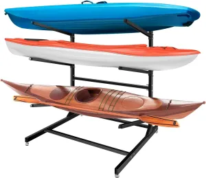 Freestanding Kayak Storage Rack, Heavy Duty Adjustable Metal Stand with Lockable Wheels for Kayaks, Paddleboards, Surfboards Indoor & Outdoor Use(3 Levels)