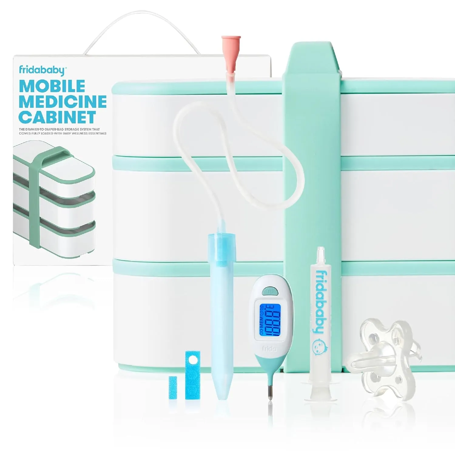 Frida Baby Mobile Medicine Cabinet Travel Kit, Baby Essentials Gift Set Includes NoseFrida Snotsucker, Rectal Thermometer, MediFrida Medicine Dispenser with Portable Carrying Case