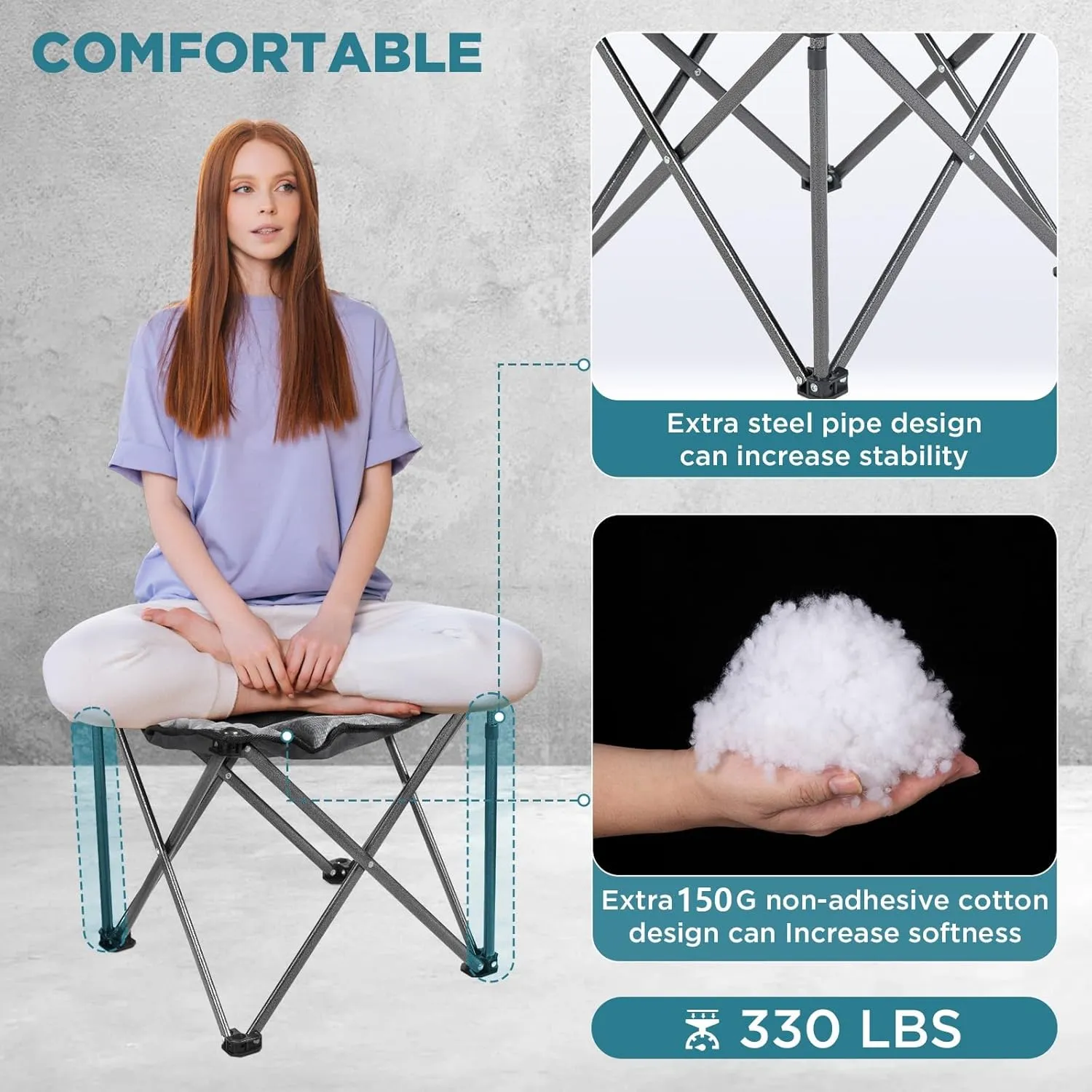 FUNDANGO Folding Camping Stool, 2 Pack 18.1 Inch Oversized Foot Stools 330 Lbs Heavy Duty Portable Padded Seat Anti-Slip Foots & Carry Bag for Fishing Outdoor Lawn Travel (Grey)