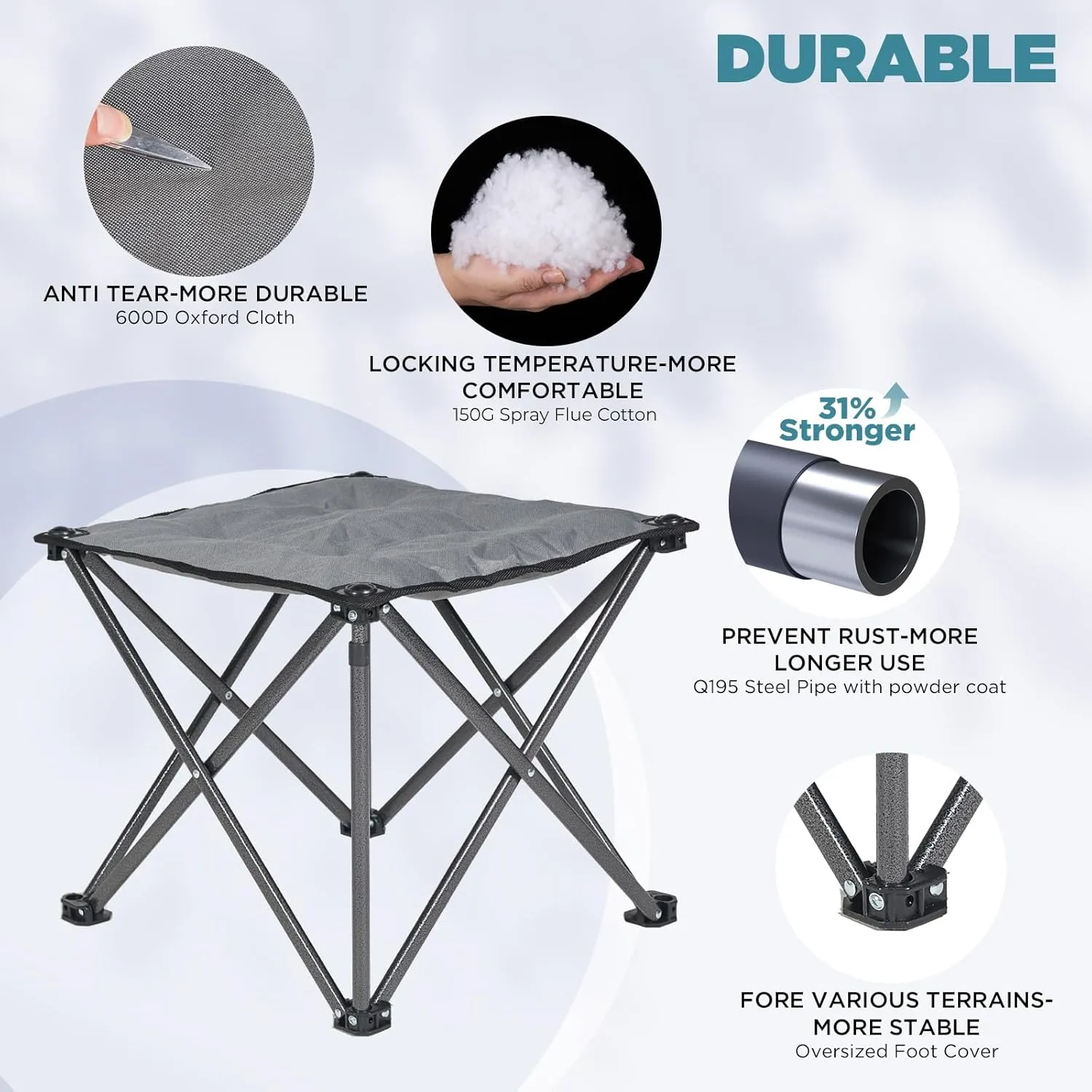 FUNDANGO Folding Camping Stool, 2 Pack 18.1 Inch Oversized Foot Stools 330 Lbs Heavy Duty Portable Padded Seat Anti-Slip Foots & Carry Bag for Fishing Outdoor Lawn Travel (Grey)