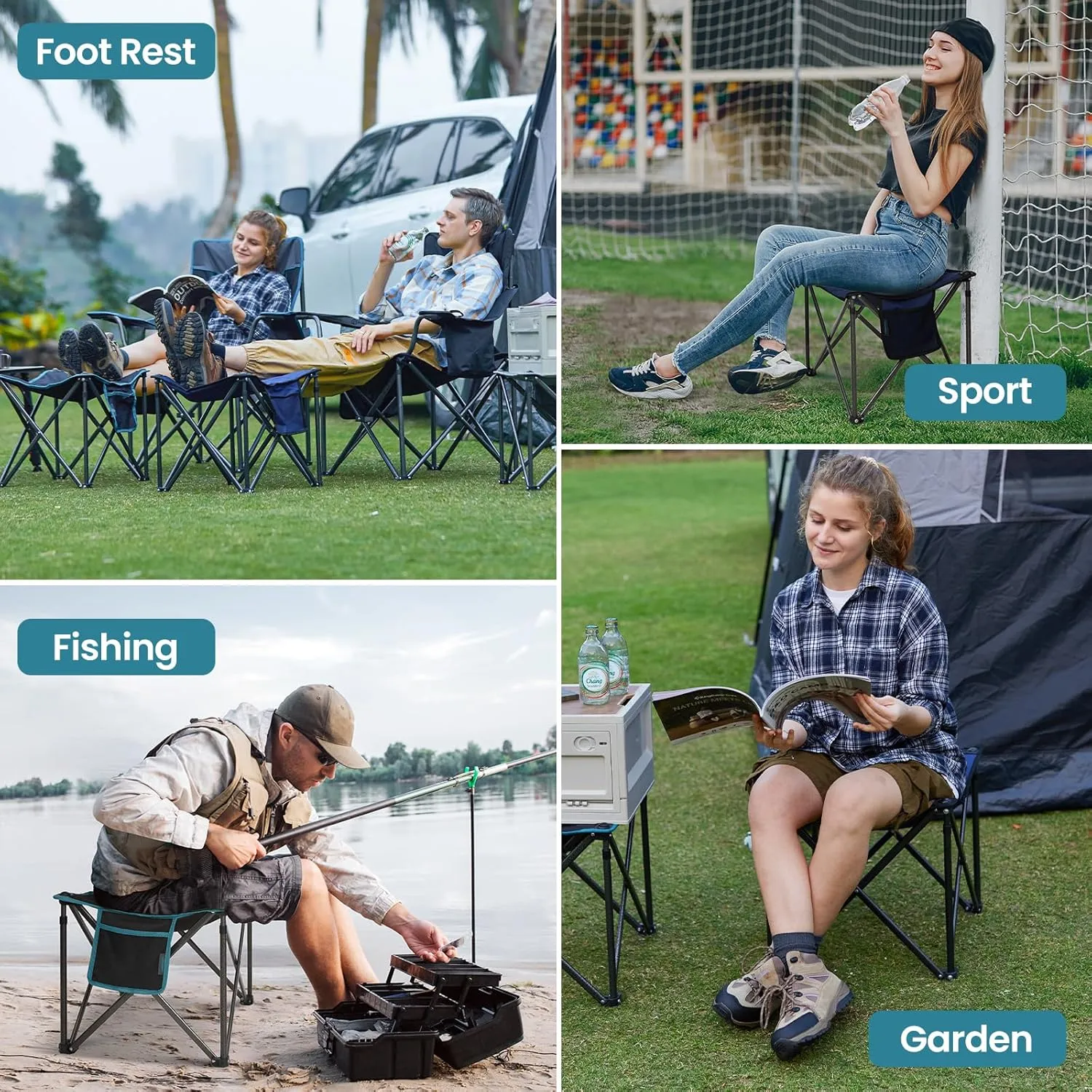FUNDANGO Folding Camping Stool, 2 Pack 18.1 Inch Oversized Foot Stools 400 Lbs Heavy Duty Portable Padded Seat Anti-Slip Foots & Carry Bag for Fishing Outdoor Lawn Travel (Grey)
