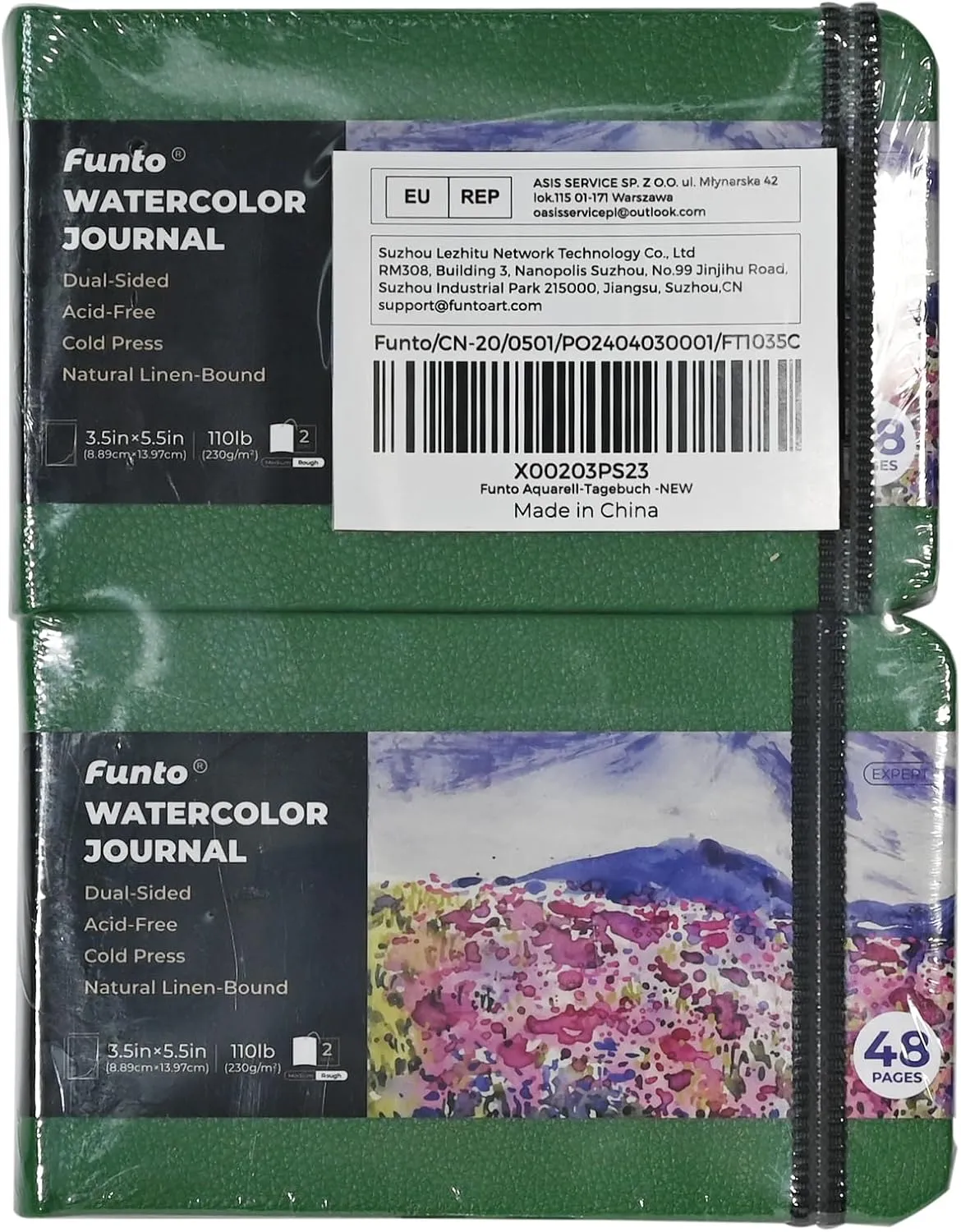 Funto Watercolor Journal, 3.5x5.5, 2 Pack, 24 Sheets Each, Green Cloth Cover, 110lb/230gsm, Suitable for Techniques and Mixed Media
