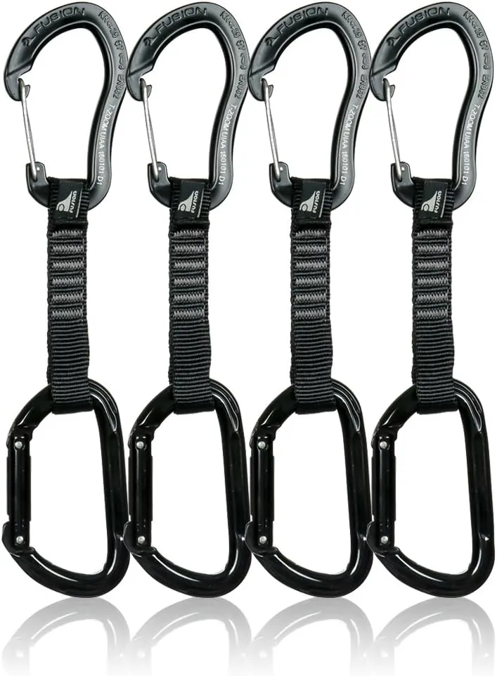 Fusion Climb 4-Pack 12cm Tactical Military Rescue Quickdraw Set with Techno Zoom Wire Gate Black/Vapor Straight Gate Black Carabiners