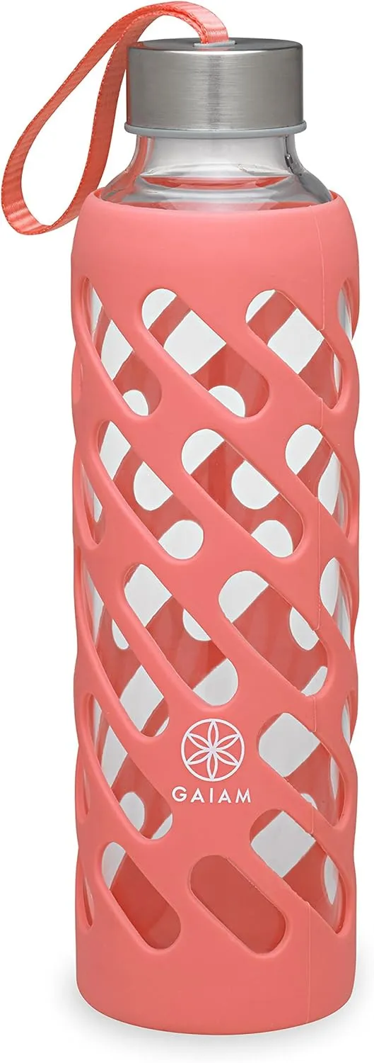 Gaiam Water Bottle Sure-Grip Glass Bottle with Protective Silicone Sleeve, 20 oz