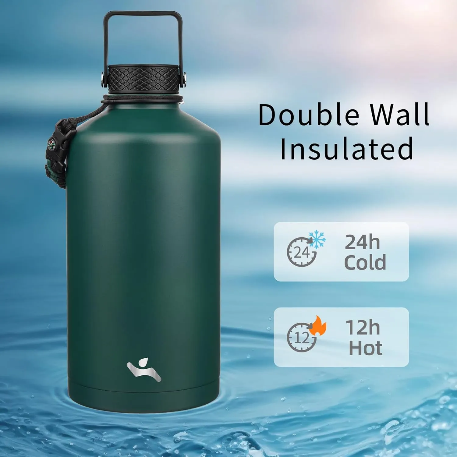 Gallon Insulated Water Bottle with Straw,128 oz 3 Lids Water Jug with Carrying Bag,Paracord Handle, Double Wall Vacuum Stainless Steel Metal Flask,Dark Green
