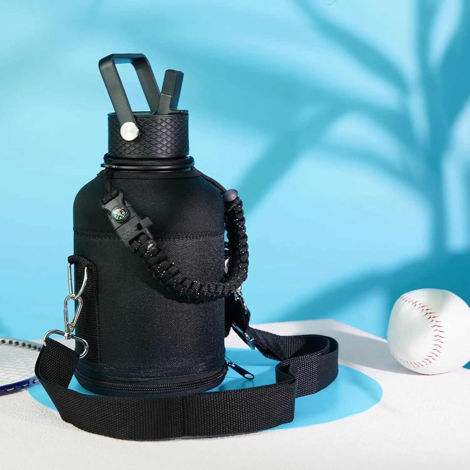 Gallon Insulated Water Bottle with Straw,128 oz 3 Lids Water Jug with Carrying Bag,Paracord Handle, Double Wall Vacuum Stainless Steel Metal Flask,Dark Green