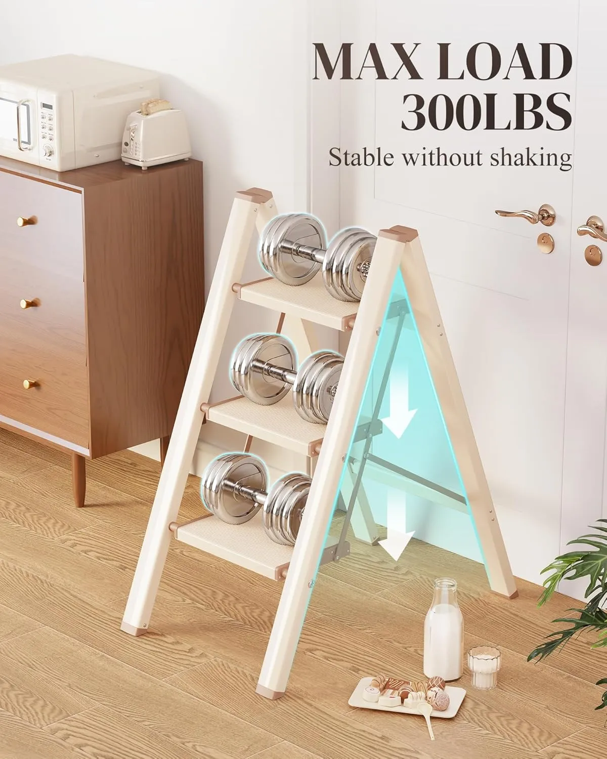 GameGem 3 Step Ladder, Folding Step Stool with Wider Pedal, Anti-Slip Feet & Non Slip Stripes, Aluminum Sturdy Material, 300Lbs Capacity, Elegant Look of Cream Chocolate Better Matches Your Home