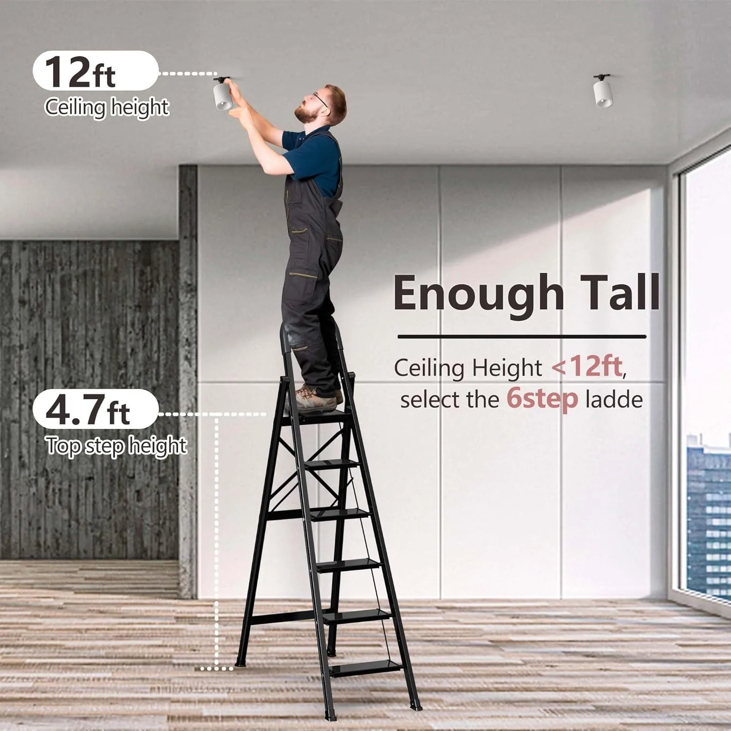 GameGem Lightweight Aluminum 6 Step Ladder Folding Step Stool Stepladders with Anti-Slip and Wide Pedal for Home and Kitchen Use Space Saving (Black)