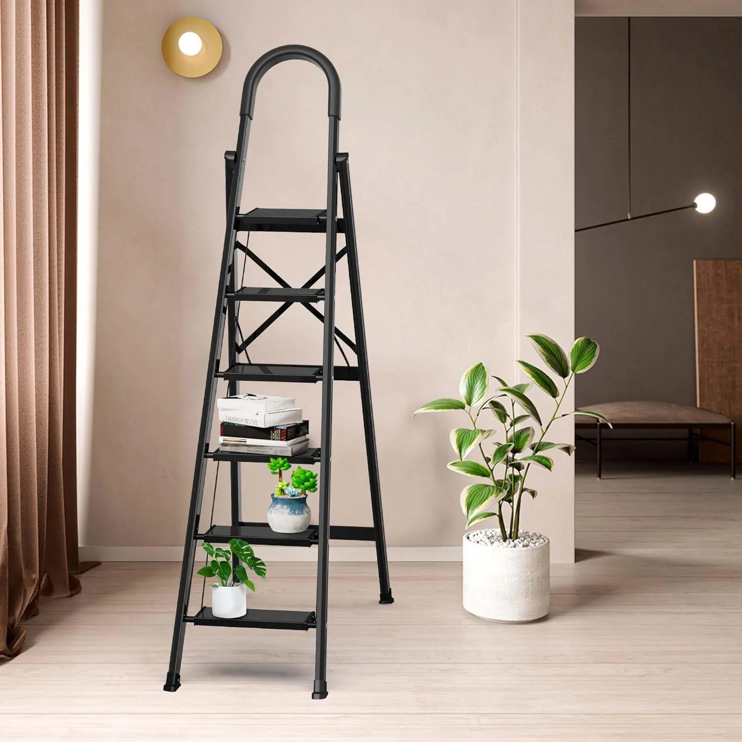 GameGem Lightweight Aluminum 6 Step Ladder Folding Step Stool Stepladders with Anti-Slip and Wide Pedal for Home and Kitchen Use Space Saving (Black)