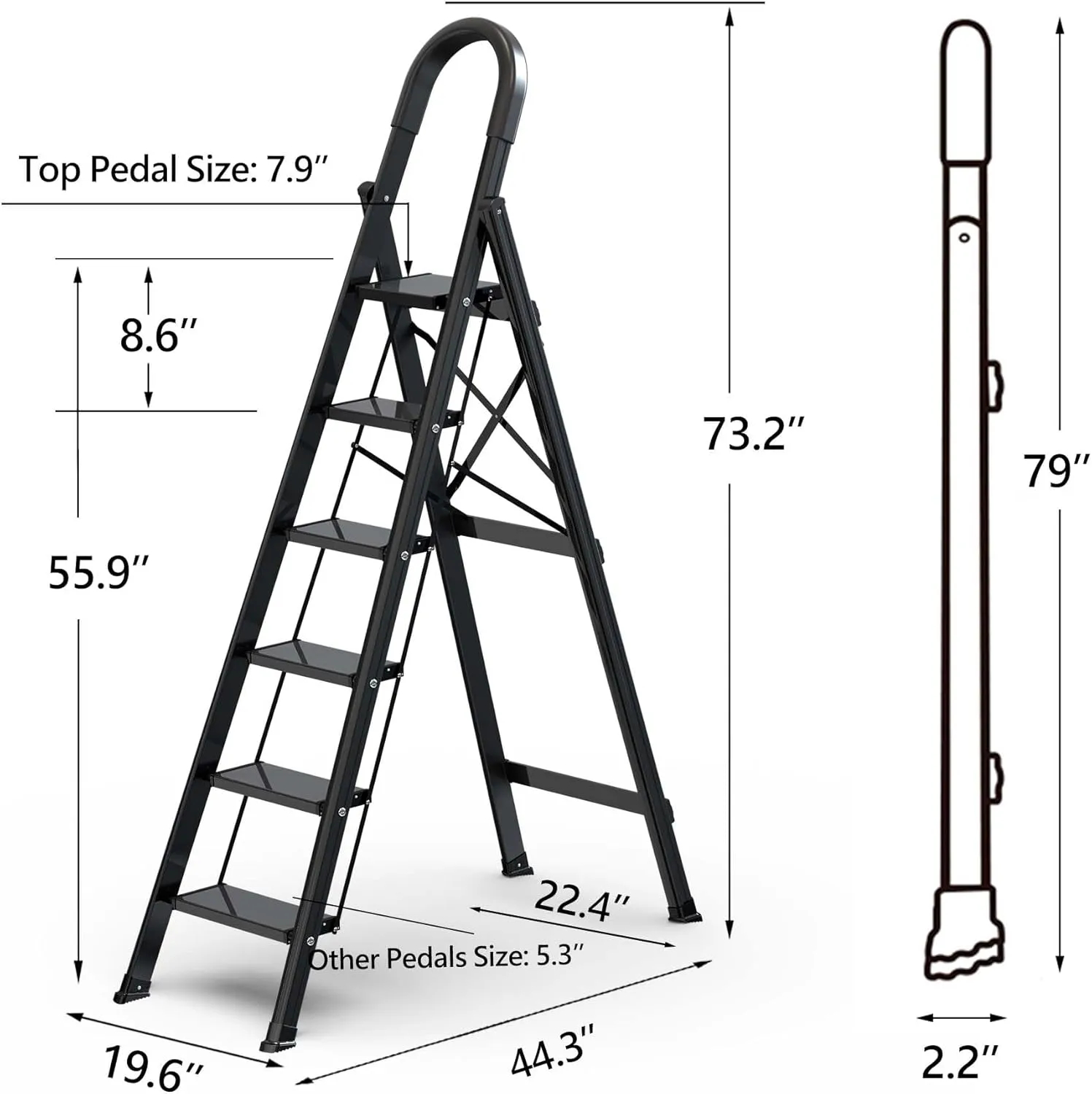 GameGem Lightweight Aluminum 6 Step Ladder Folding Step Stool Stepladders with Anti-Slip and Wide Pedal for Home and Kitchen Use Space Saving (Black)