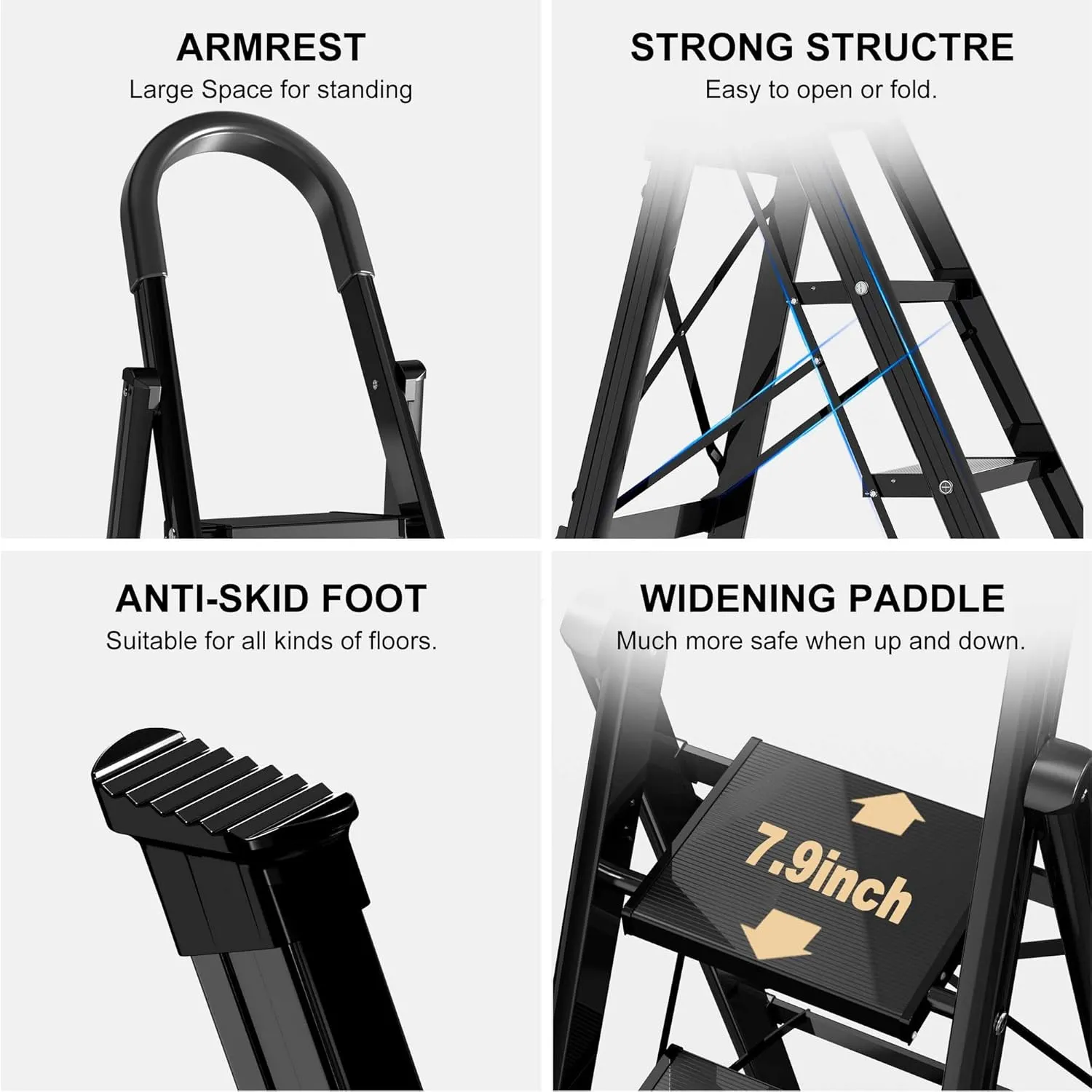 GameGem Lightweight Aluminum 6 Step Ladder Folding Step Stool Stepladders with Anti-Slip and Wide Pedal for Home and Kitchen Use Space Saving (Black)