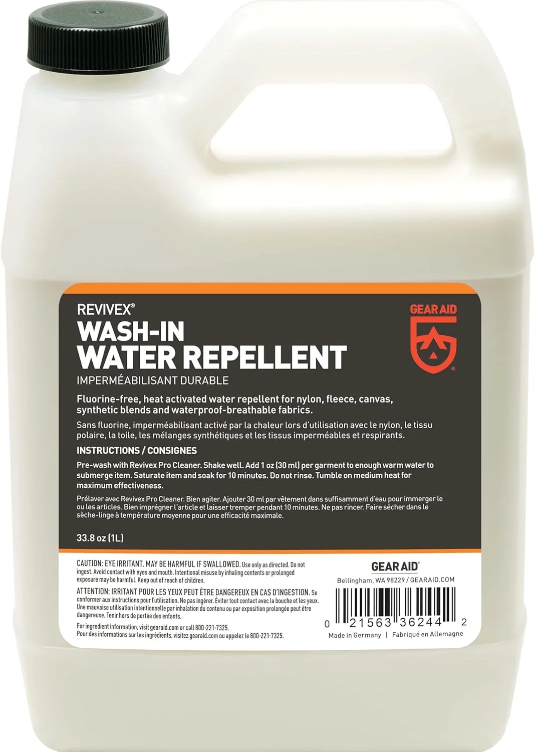 GEAR AID Wash-in Water Repellent, Long-Lasting Waterproofing for Snow and Rain Outdoor Gear, Concentrated Formula, Durable Protection Against The Elements, 1 Liter (33.8 fl oz)