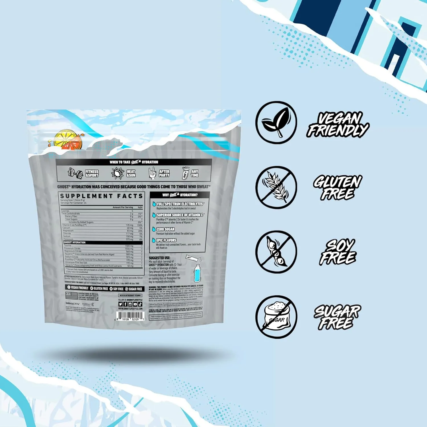 GHOST Hydration Packets, Lemon Crush, 24 Sticks, Electrolyte Powder - Drink Mix Supplement with Magnesium, Potassium, Calcium, Vitamin C - Vegan Friendly, Free of Soy, Sugar & Gluten