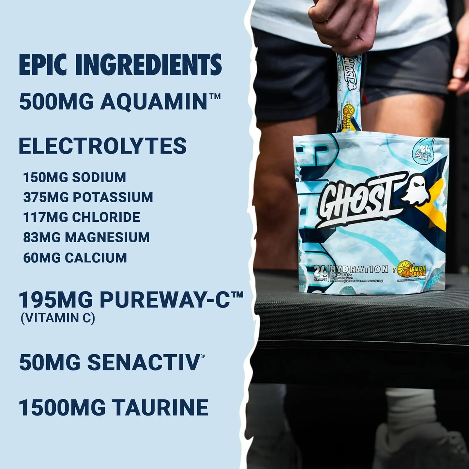 GHOST Hydration Packets, Lemon Crush, 24 Sticks, Electrolyte Powder - Drink Mix Supplement with Magnesium, Potassium, Calcium, Vitamin C - Vegan Friendly, Free of Soy, Sugar & Gluten
