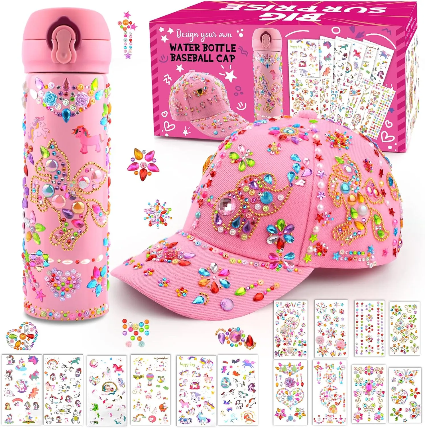 Gifts for Girls Decorate Your Own Water Bottle Baseball Cap with Unicorn Stickers Glitter Gems, Fun Arts and Crafts for Kids Unicorn Gifts for Girls Age 6 7 8 9 10 11 12 Birthday Gift