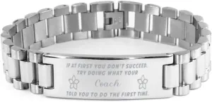 GIFTVILLE & SURPRISE coach Bracelet, If at first you don't succeed, try doing what your athletic trainer told you to do the first time., Stainless Steel Courage Inspirational Wristband, Ladder Style