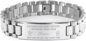 GIFTVILLE & SURPRISE Niece Bracelet, If at first you don't succeed, try doing what your athletic trainer told you to do the first time., Stainless Steel Courage Inspirational Wristband, Ladder Style