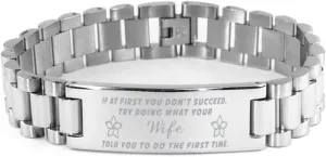 GIFTVILLE & SURPRISE Wife Bracelet, If at first you don't succeed, try doing what your athletic trainer told you to do the first time., Stainless Steel Courage Inspirational Wristband, Ladder Style