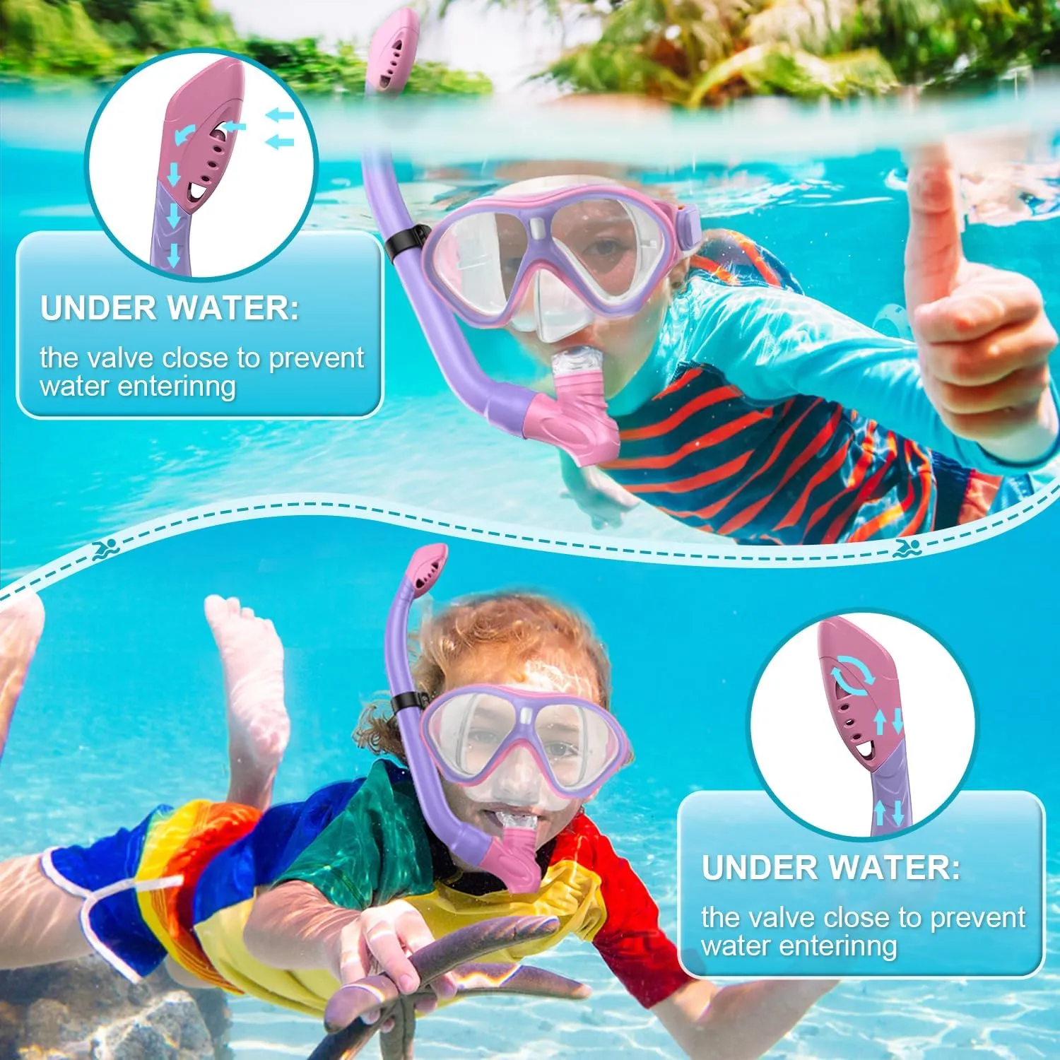 Gintenco Snorkeling Gear for Kids, Dry Top Kids Snorkel Set for Age 6-14, Anti-Fog Tempered Glass Swimming Goggles Anti Leak Diving Mask 180 Degree View for Youth Toddler Girls Boys