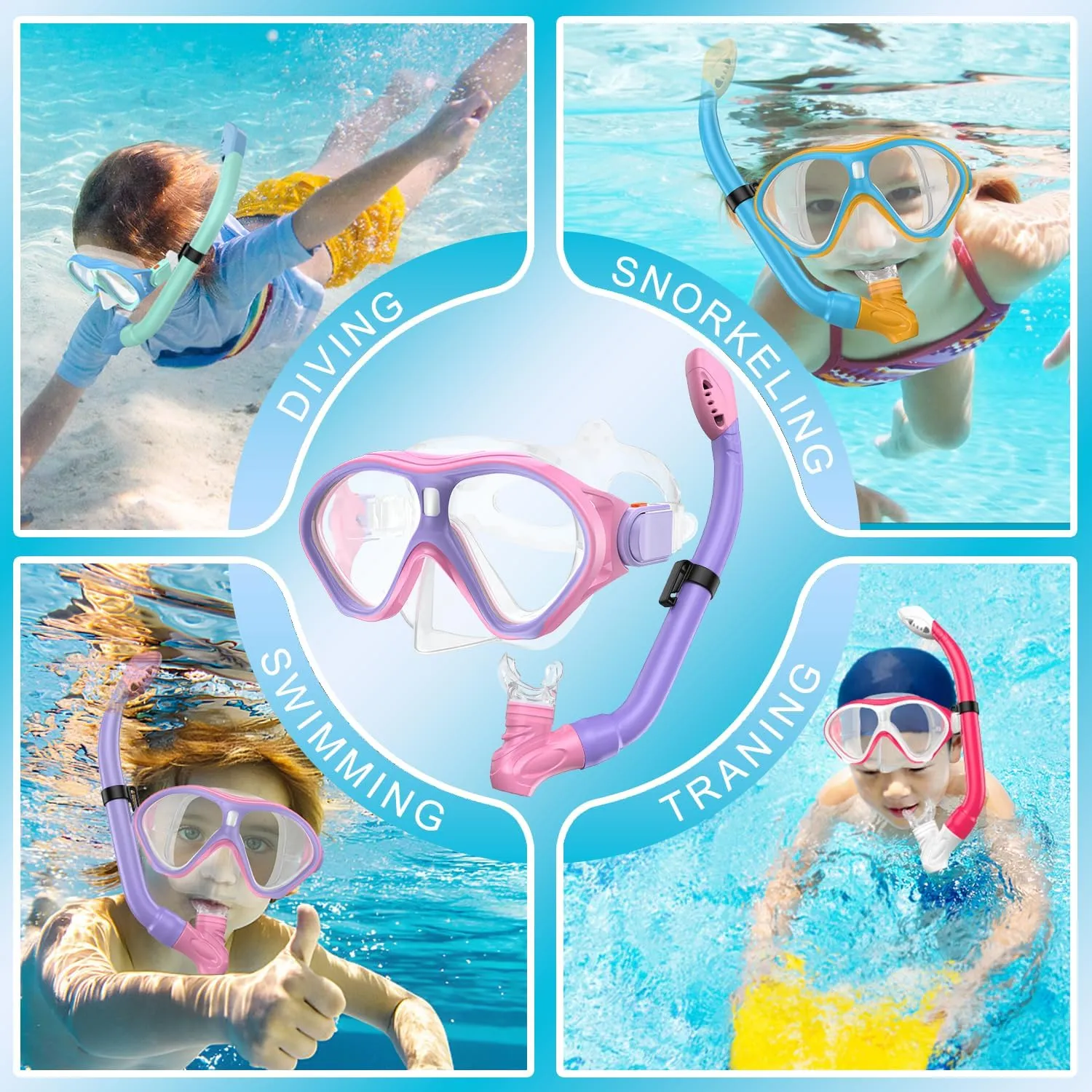 Gintenco Snorkeling Gear for Kids, Dry Top Kids Snorkel Set for Age 6-14, Anti-Fog Tempered Glass Swimming Goggles Anti Leak Diving Mask 180 Degree View for Youth Toddler Girls Boys