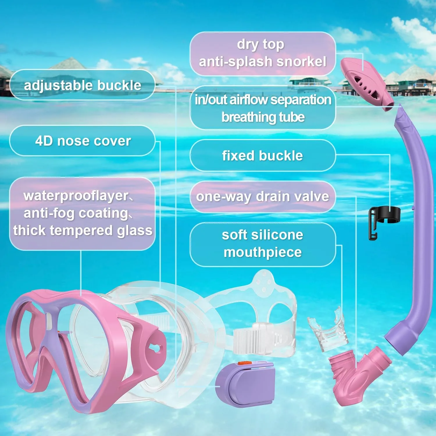 Gintenco Snorkeling Gear for Kids, Dry Top Kids Snorkel Set for Age 6-14, Anti-Fog Tempered Glass Swimming Goggles Anti Leak Diving Mask 180 Degree View for Youth Toddler Girls Boys
