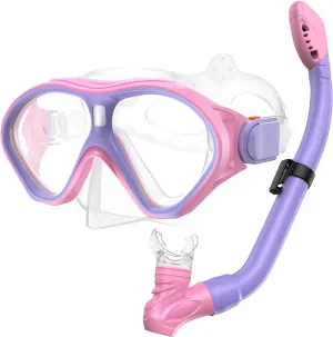 Gintenco Snorkeling Gear for Kids, Dry Top Kids Snorkel Set for Age 6-14, Anti-Fog Tempered Glass Swimming Goggles Anti Leak Diving Mask 180 Degree View for Youth Toddler Girls Boys