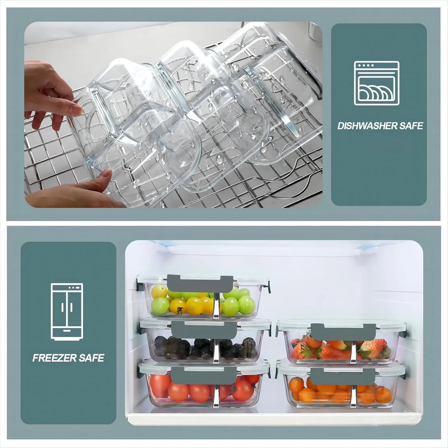 Glass Meal Prep Containers 3 Compartments, 5 Pack 36 oz, Glass Food Storage Containers with Lids, Airtight Lunch Bento Box, Portion Control, Freezer and Microwave Safe