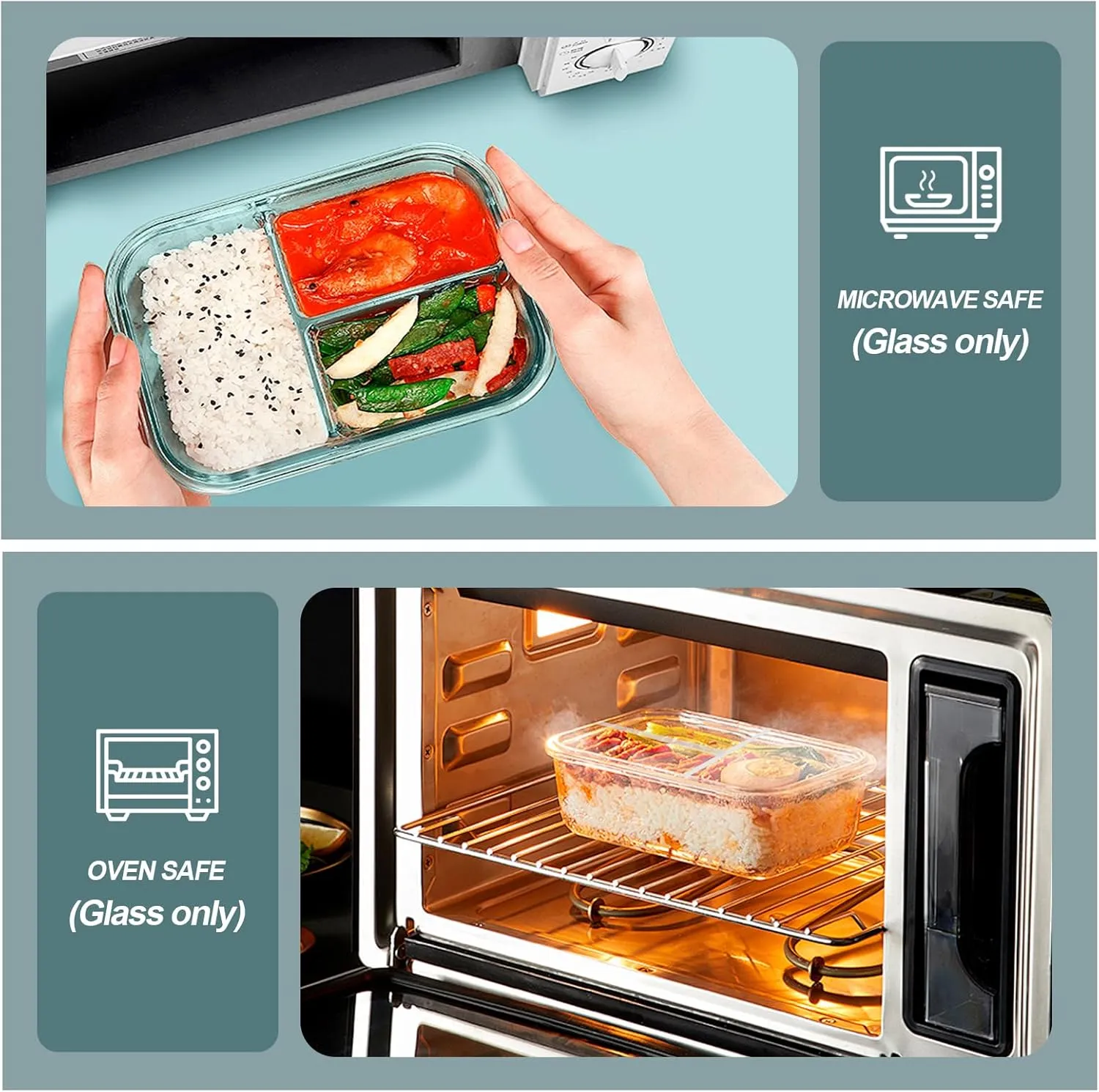 Glass Meal Prep Containers 3 Compartments, 5 Pack 36 oz, Glass Food Storage Containers with Lids, Airtight Lunch Bento Box, Portion Control, Freezer and Microwave Safe