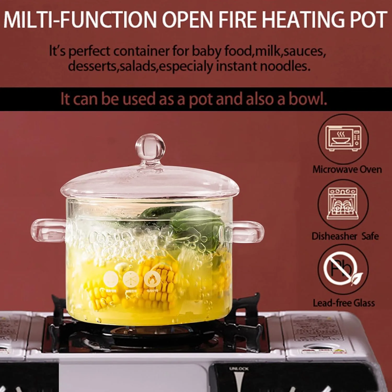 Glass Pot Set for Stove Top, 65Oz/1.9L Ribbed Glass Saucepan with Cover, Heat-resistant Simmer Pot for Pasta, Soup, Milk