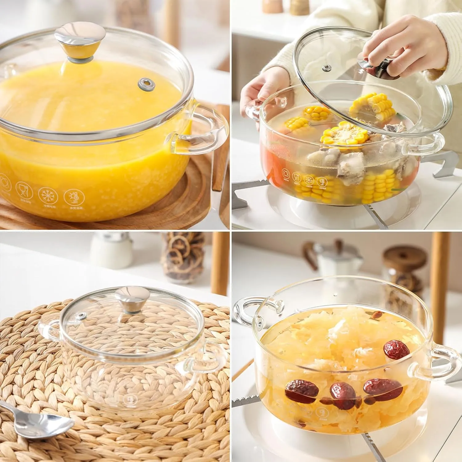 Glass Simmer Pot Clear Glass Pot for Cooking with Cover and Handle High Borosilicate Glass Saucepan for Stovetop Safe Heat Resistant Glass Cookware for Pasta Noodle Soup Milk,1500ml