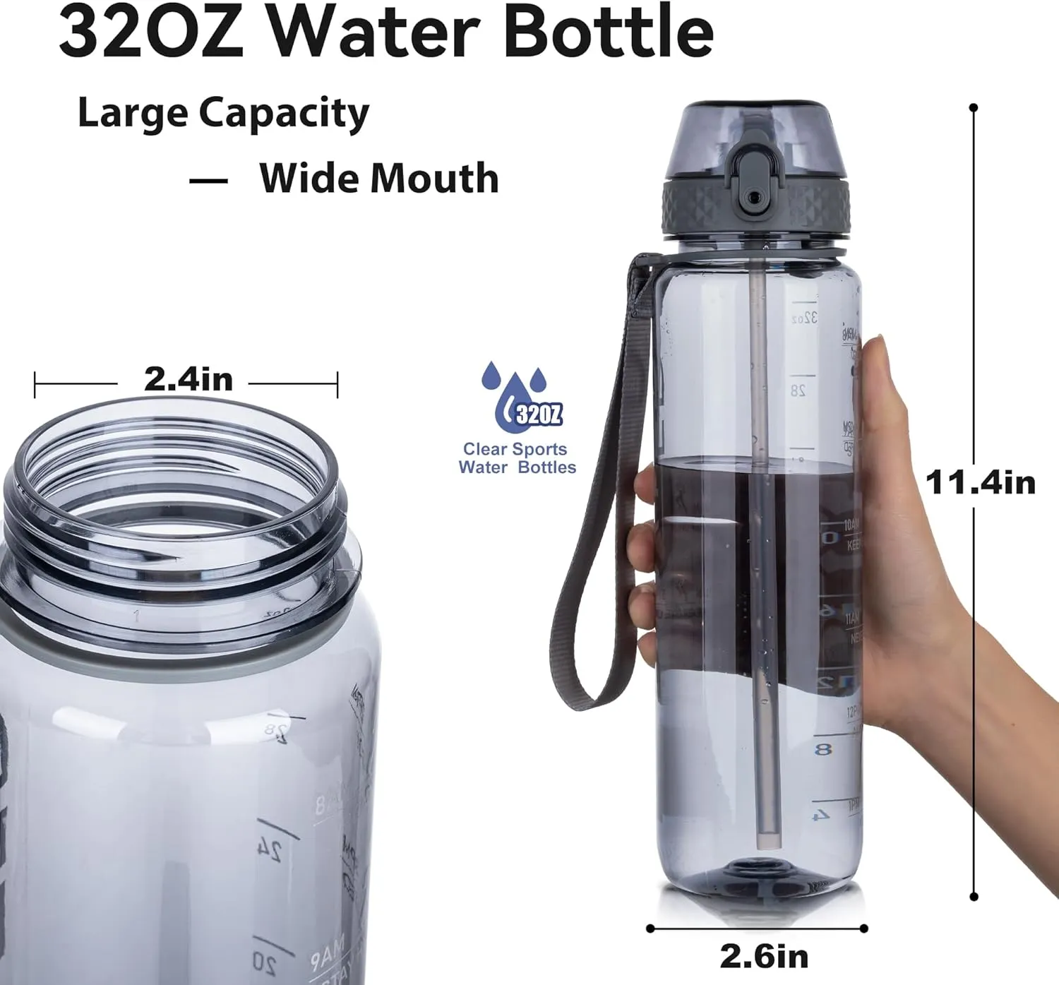 GOPPUS Water Bottle Clear Water Bottles 32oz Motivational with Time Marker Tritan BPA Free Sports Water Bottles Wide Mouth for Gym Travel Home School Office