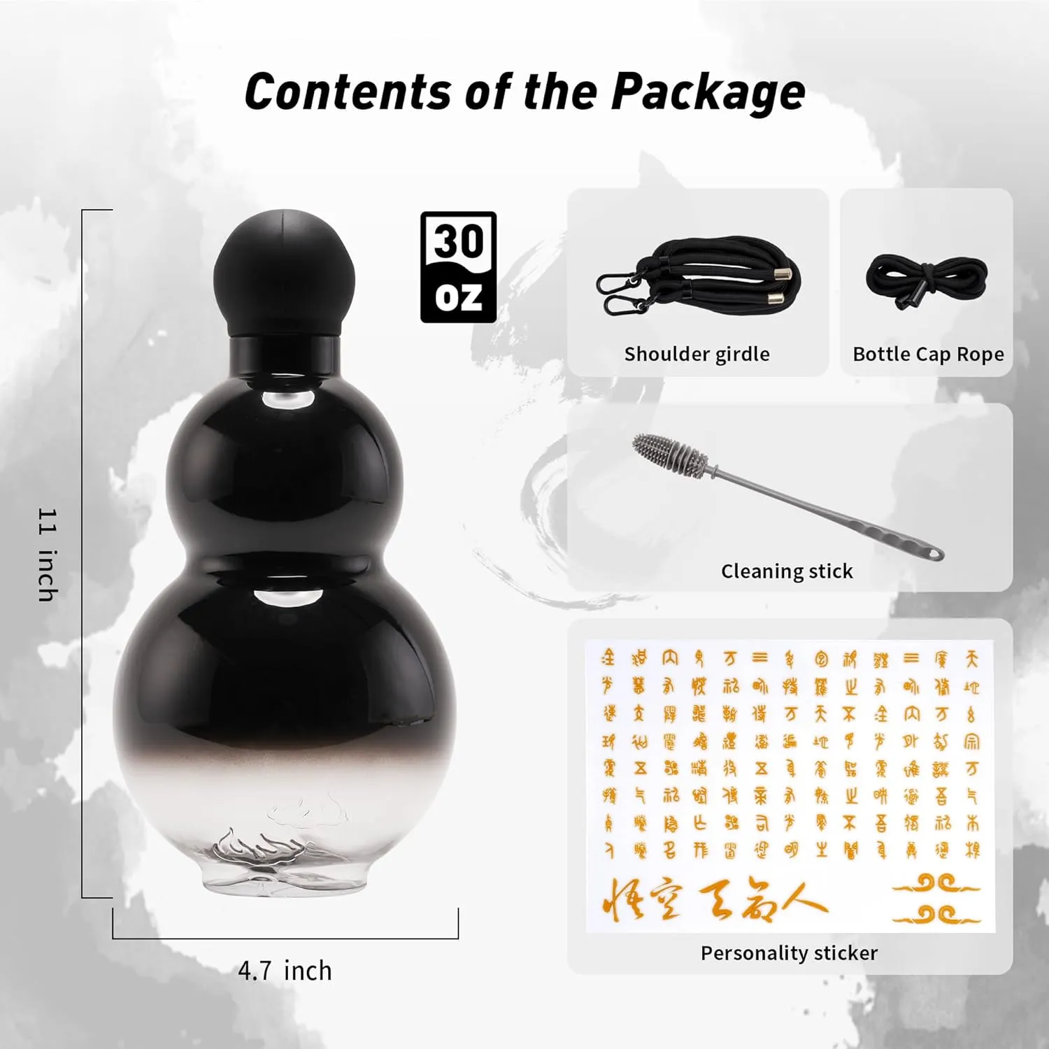 Gourd Water Bottle Tritan BPA-Free 210°F Heat Resistant - Leak-Proof Push-On Rubber Stopper, Stylish Gradient Colors with 2 Versatile Straps for Hanging - Durable (Black)