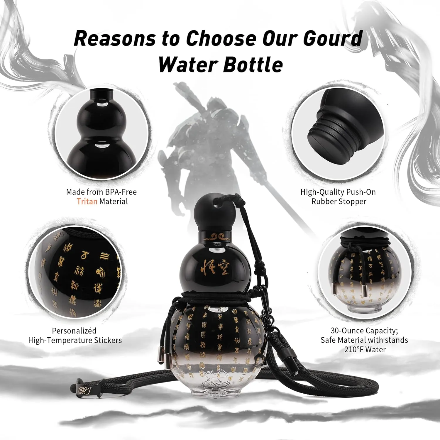 Gourd Water Bottle Tritan BPA-Free 210°F Heat Resistant - Leak-Proof Push-On Rubber Stopper, Stylish Gradient Colors with 2 Versatile Straps for Hanging - Durable (White)