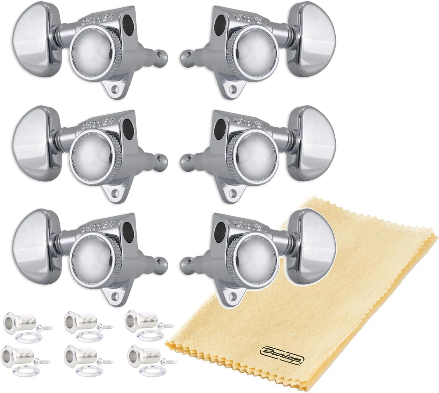 Grover 502C ROTO-GRIP Locking Rotomatics Guitar Tuners, Tuning Machines Set 3 3 18:1 Chrome Tuning Keys with Tonebird Dunlop Polish Cloth Bundle Tuner Heads with Kidney Button