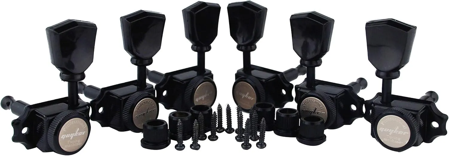 Guyker Locking Guitar Machine Heads (3R   3L) – 1:15 Ratio Lock String Vintage Deluxe Tuning Key Pegs Tuners Set Replacement for Electric, Acoustic or Folk Guitars - Black Handle