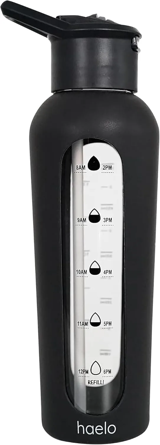 haelo 24oz Glass Motivational Water Bottle with Flip Lid Straw, Silicone Protective Sleeve, Handle, Reusable BPA Free (Black)