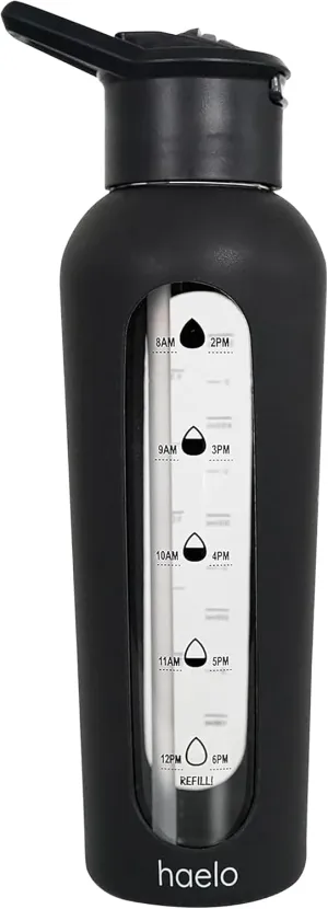 haelo 24oz Glass Motivational Water Bottle with Flip Lid Straw, Silicone Protective Sleeve, Handle, Reusable BPA Free (Black)