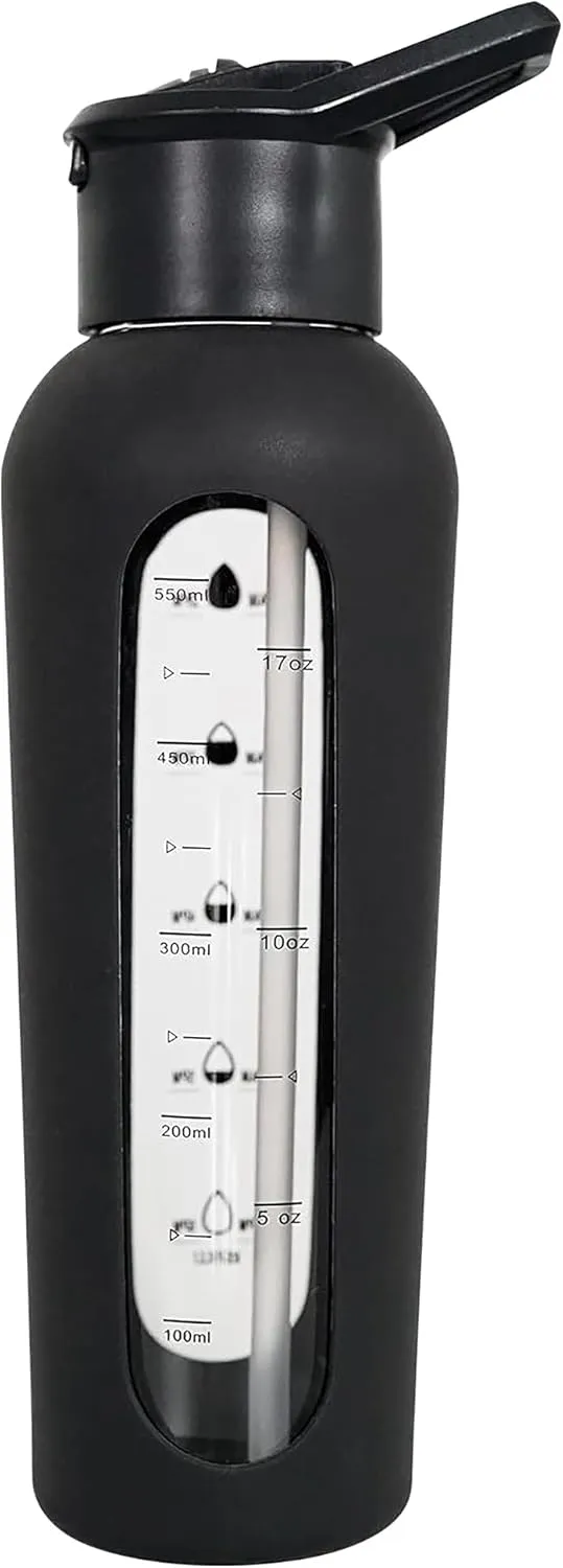 haelo 24oz Glass Motivational Water Bottle with Flip Lid Straw, Silicone Protective Sleeve, Handle, Reusable BPA Free (Black)