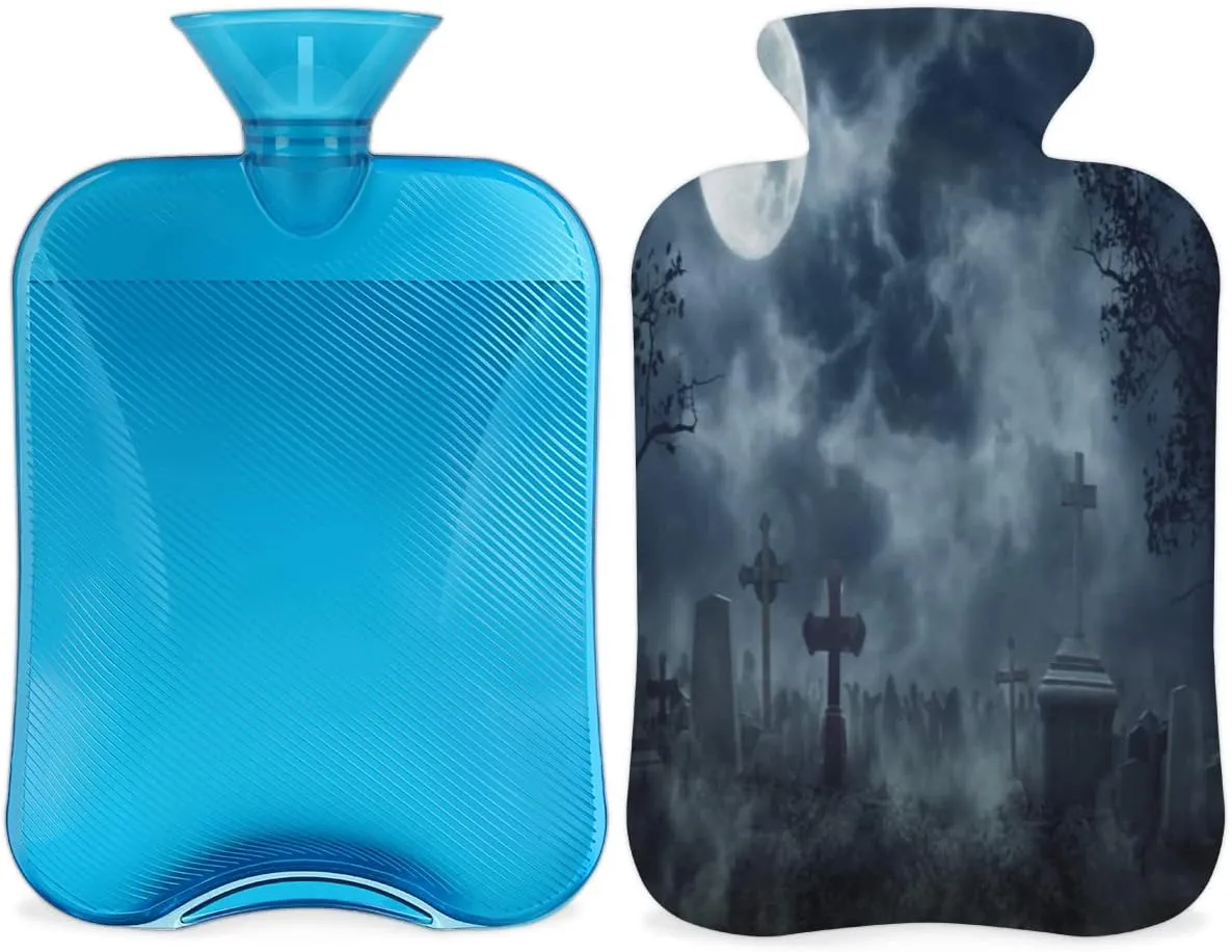 Halloween Tombstone Moon Hot Water Bottle with Cover,Trick Treat 2L Hot Water Bag for Hot Compress Hot Bottle Water Bag for Hand Feet Warmer,Neck,Shoulder Pain Relief,Menstrual Cramps